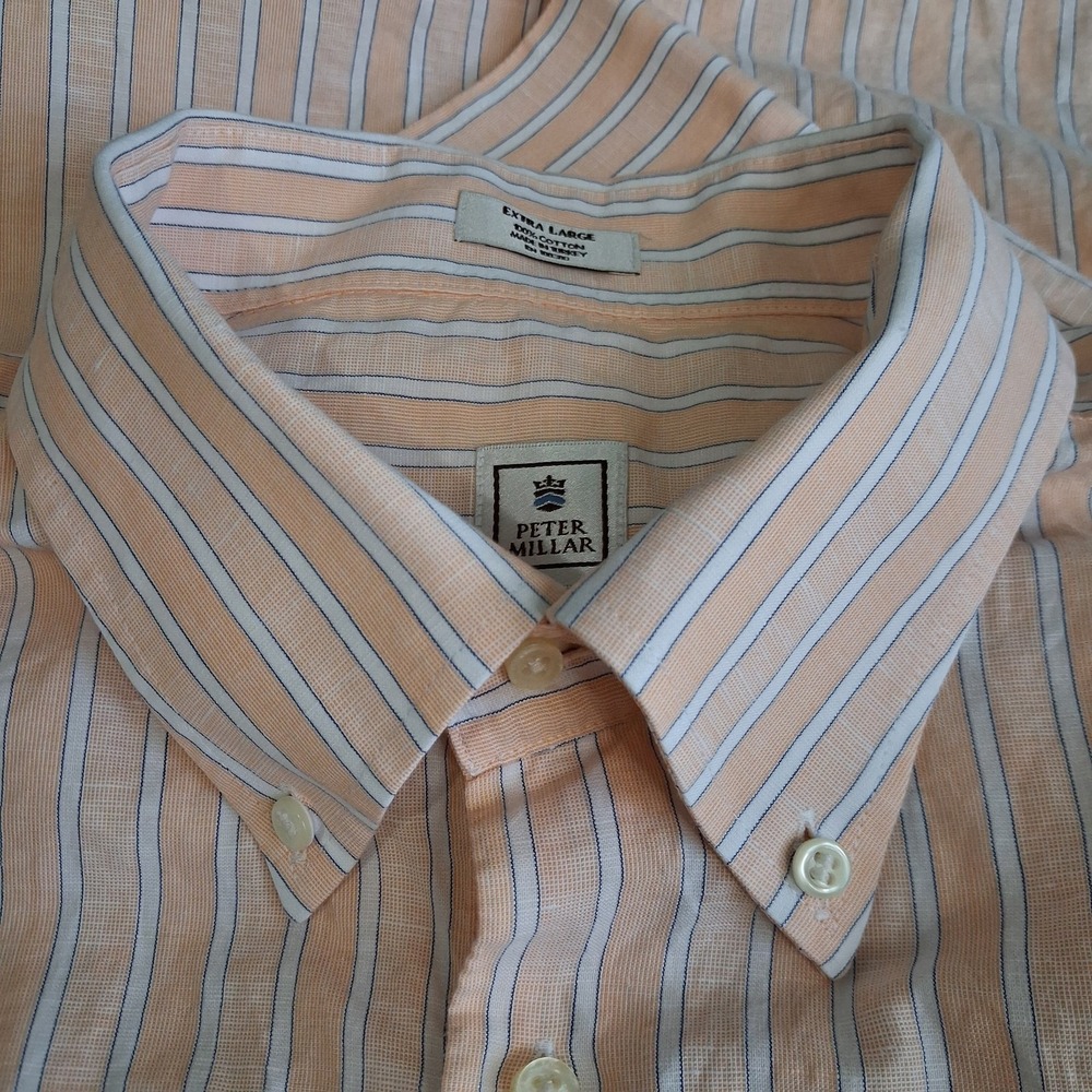 Peter Millar Mens Dress Shirt XL Button Down Cotton Light Orange White Stripe